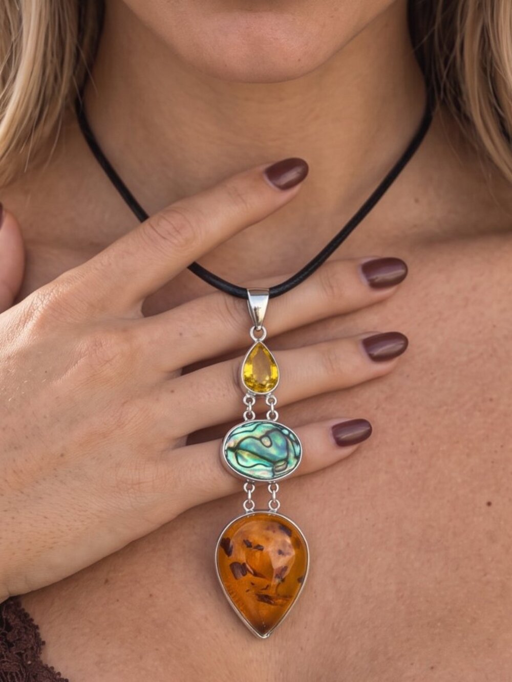 Baltic Amber Citrine Abalone 925 Sterling Pendant Leather Cord Necklace 4.05"L